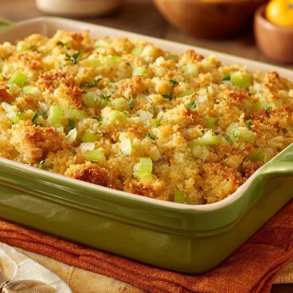 Creamy celery casserole with crispy breadcrumbs, a close-up view of the golden-baked dish with visible celery pieces.