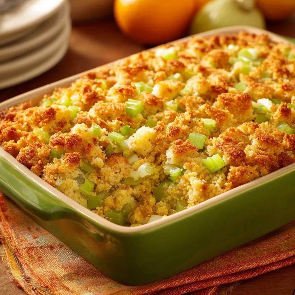 Creamy celery casserole with crispy breadcrumbs fresh from the oven in a green baking dish.