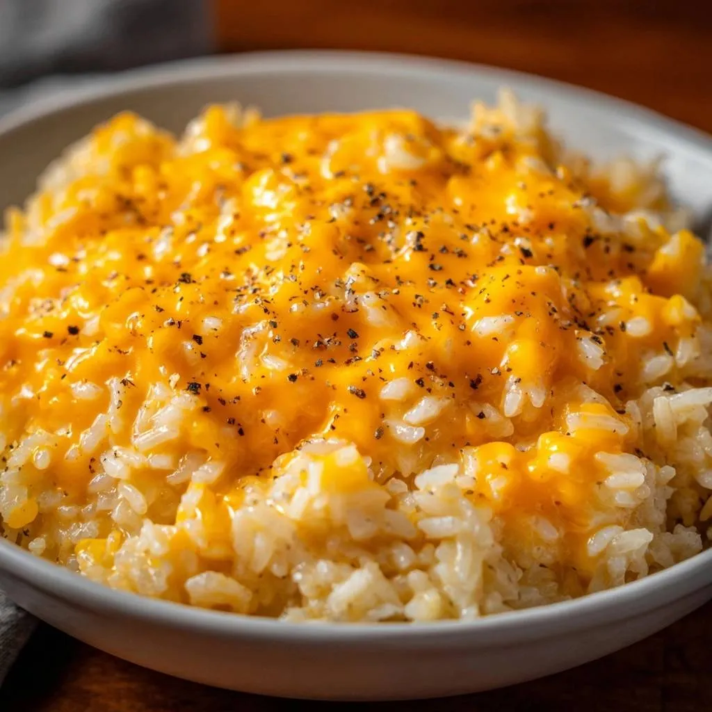 Creamy cheesy garlic rice topped with black pepper in a close-up view.