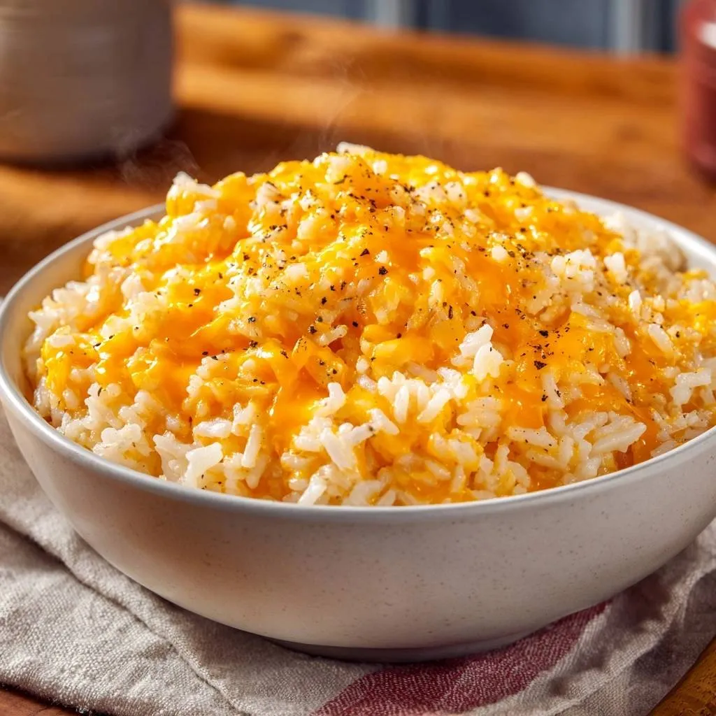 Creamy cheesy garlic rice served steaming in a white bowl, topped with melted cheese and black pepper.