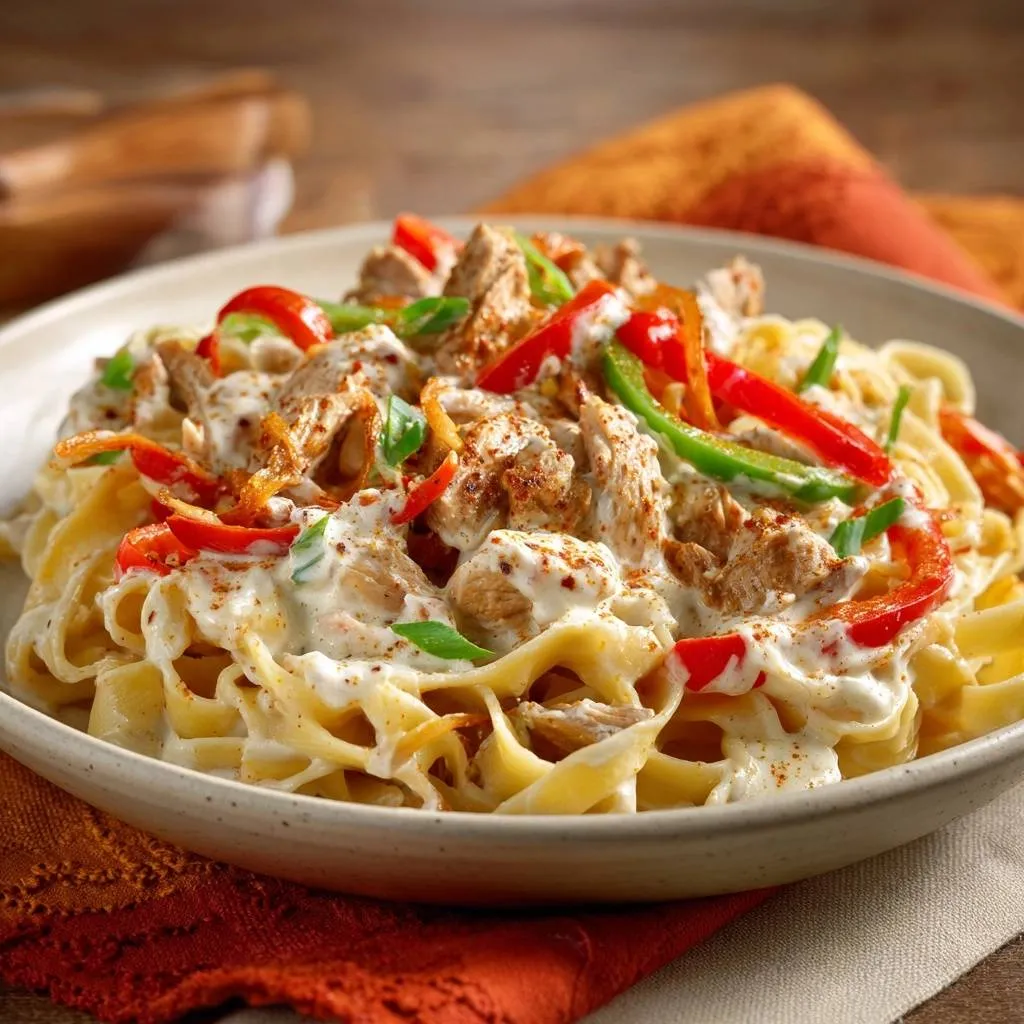 Creamy chicken bell pepper pasta is shown up close, with a rich sauce coating the fettuccine and tender chicken pieces.