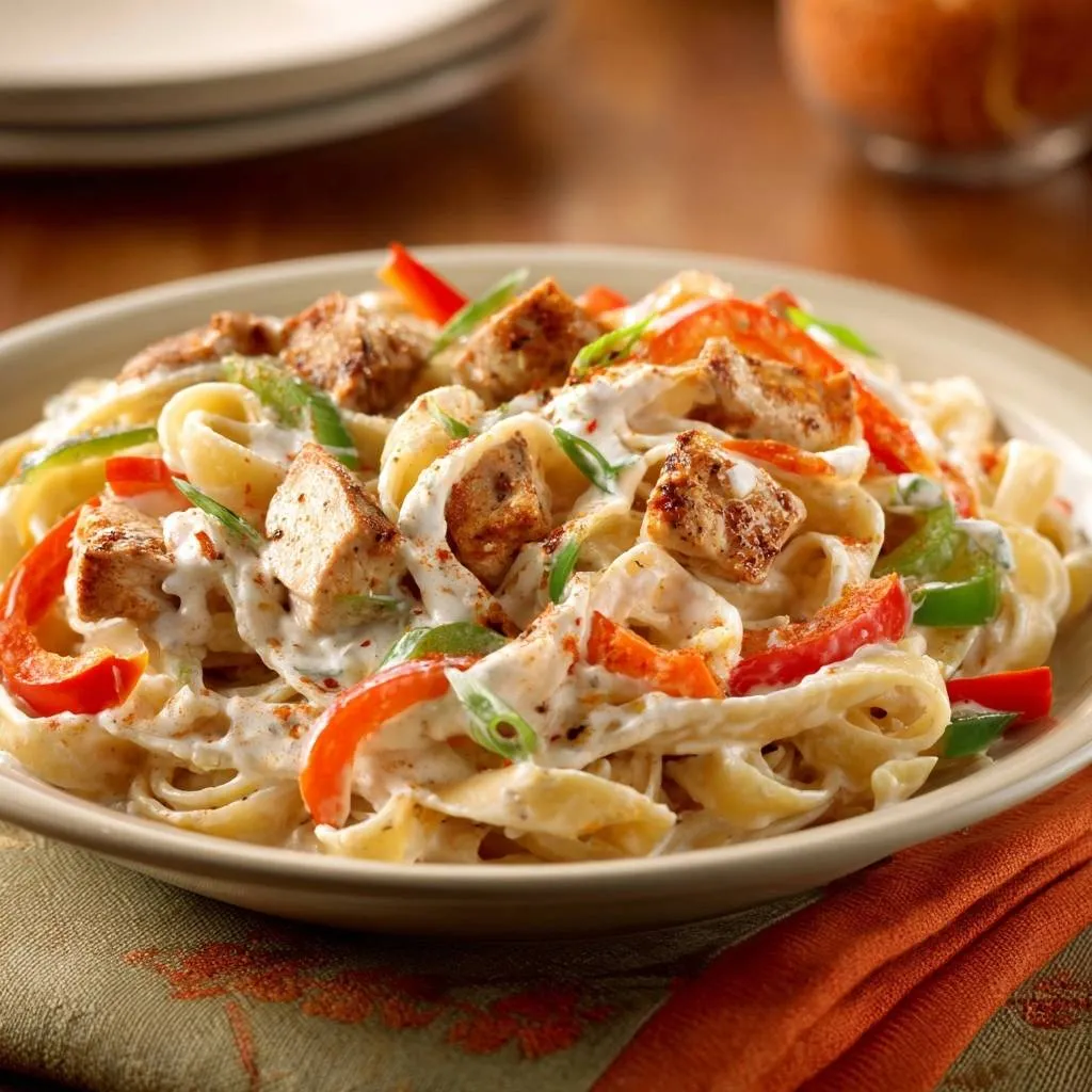Creamy chicken bell pepper pasta featuring tender chicken pieces and vibrant peppers coated in a rich, creamy sauce.