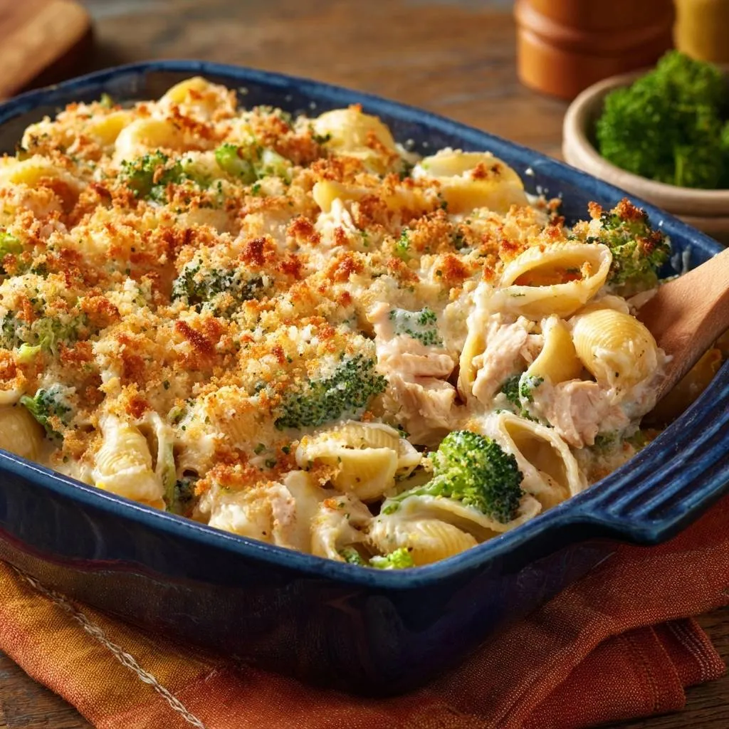Creamy chicken broccoli shells bake with crispy topping, shown with a wooden spoon scooping a serving from the casserole dish.