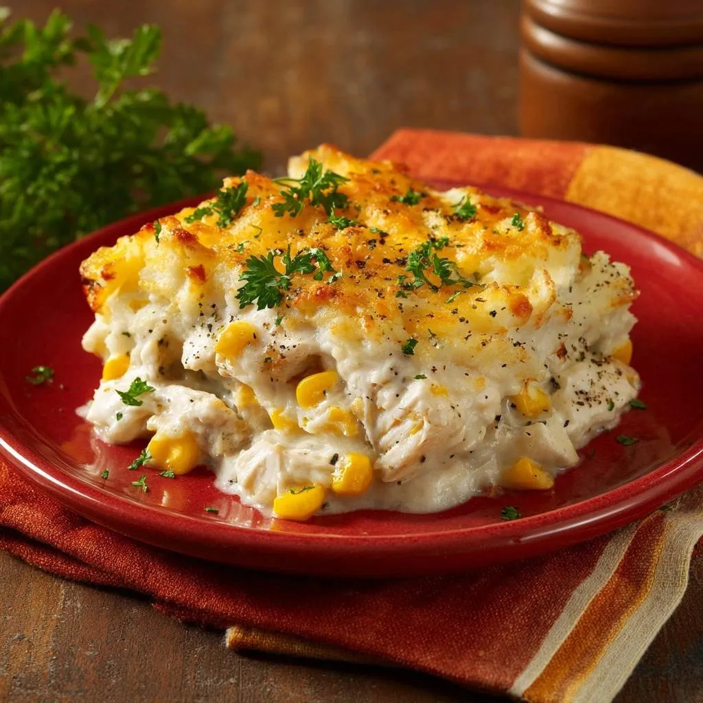 Creamy chicken corn potato bake with crispy golden top shown in a close-up cross-section on a red plate.