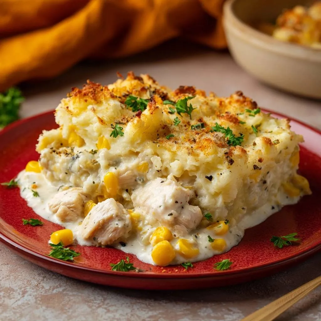 Creamy chicken corn potato bake with crispy golden top, shown as a plated slice revealing its layers and creamy filling.