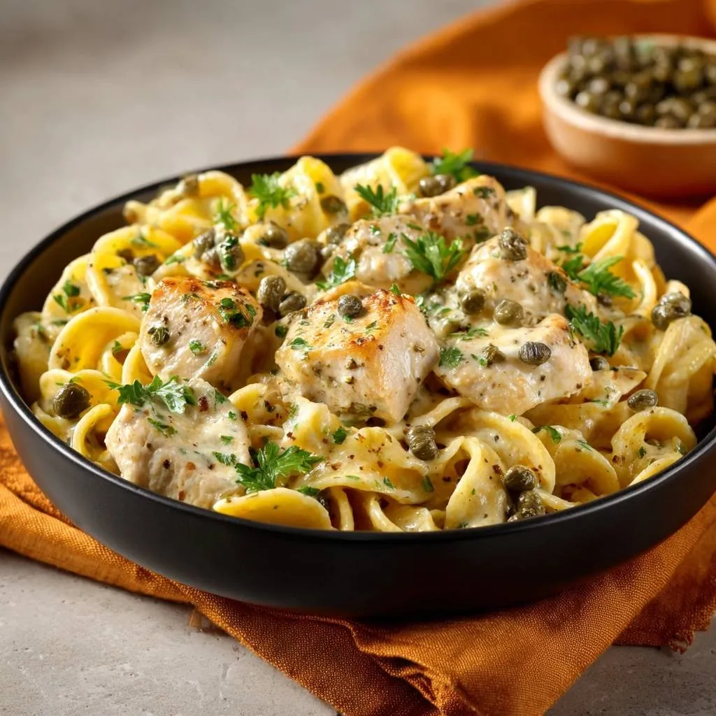 Creamy chicken fusilli with capers served in a black bowl, garnished with fresh parsley and capers.