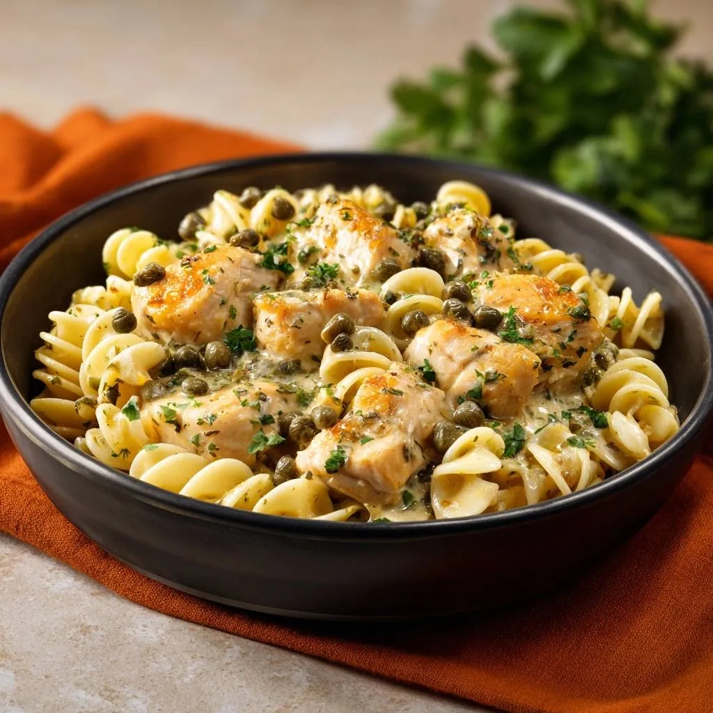 Creamy chicken fusilli with capers in a black bowl, showcasing tender chicken pieces and pasta twirls with a rich sauce.