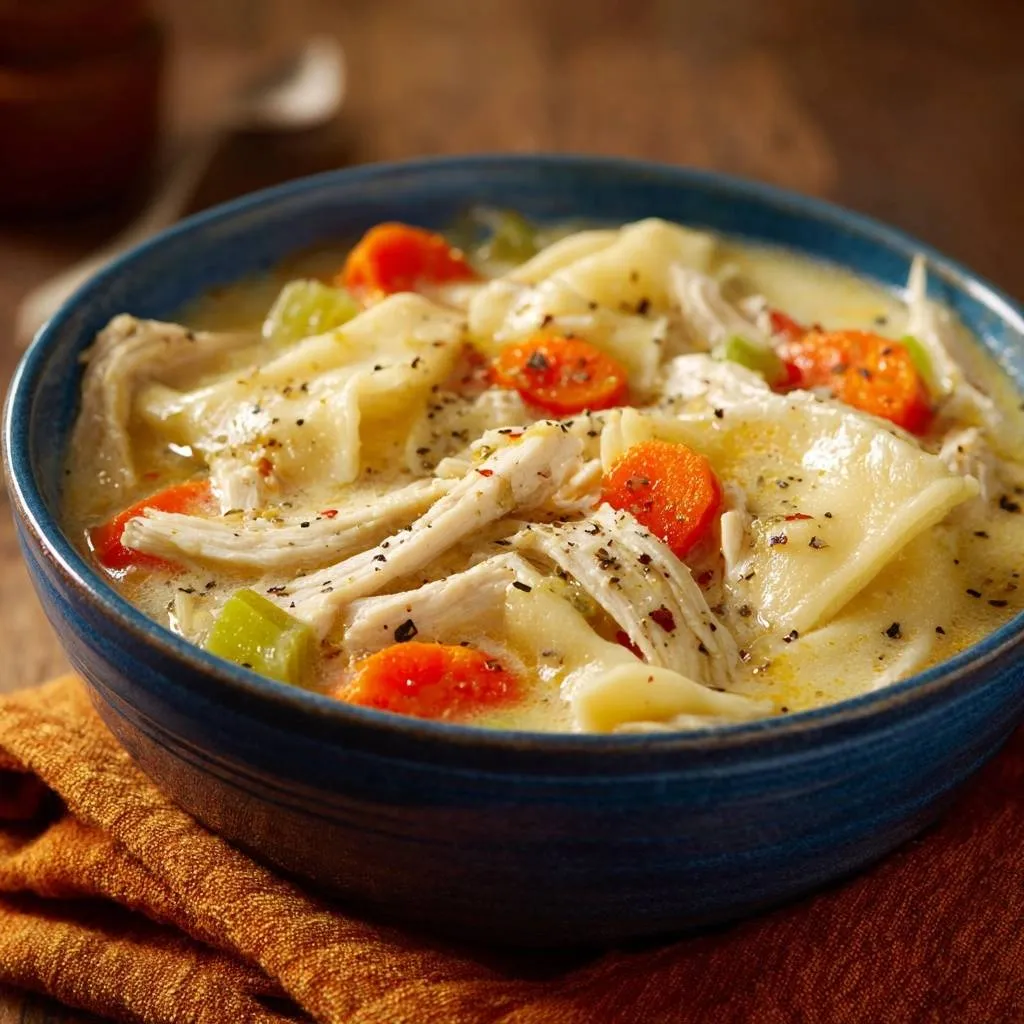 Creamy chicken noodle soup with firm noodles, shown in a close-up of a blue bowl with shredded chicken, carrots, and noodles.