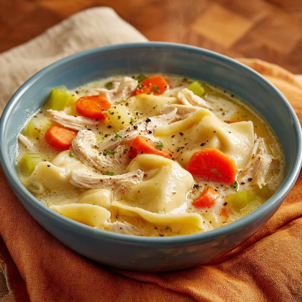 Creamy chicken noodle soup with firm noodles, showing steam rising from the hearty bowl with carrots and celery.