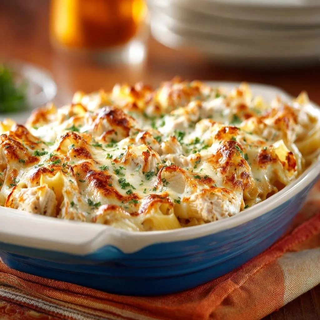 Creamy chicken rigatoni bake with golden brown melted cheese and fresh parsley garnish in a blue dish.