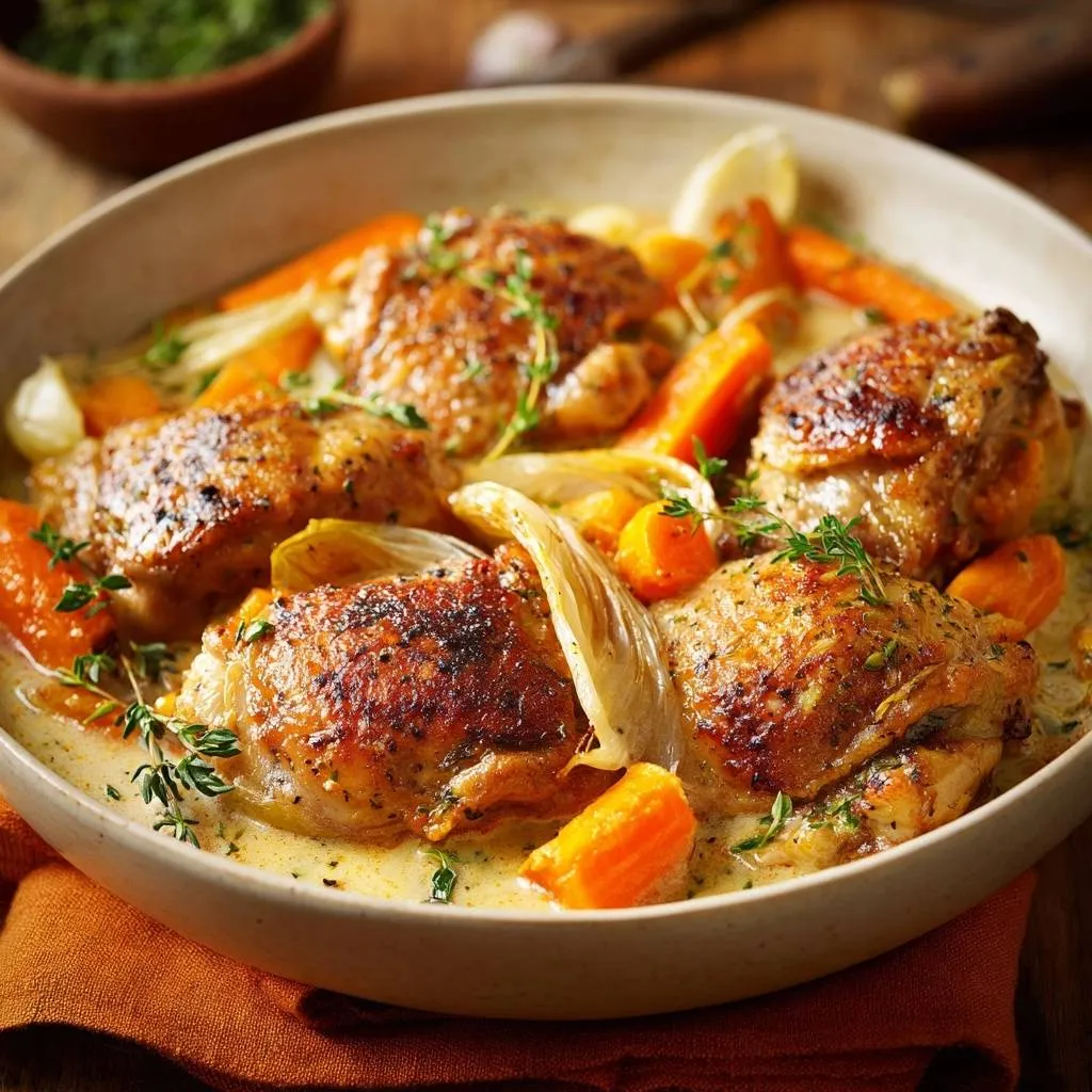 Creamy chicken thighs with fennel and carrots served in a rustic bowl, showcasing tender pieces and vegetables in a rich sauce.