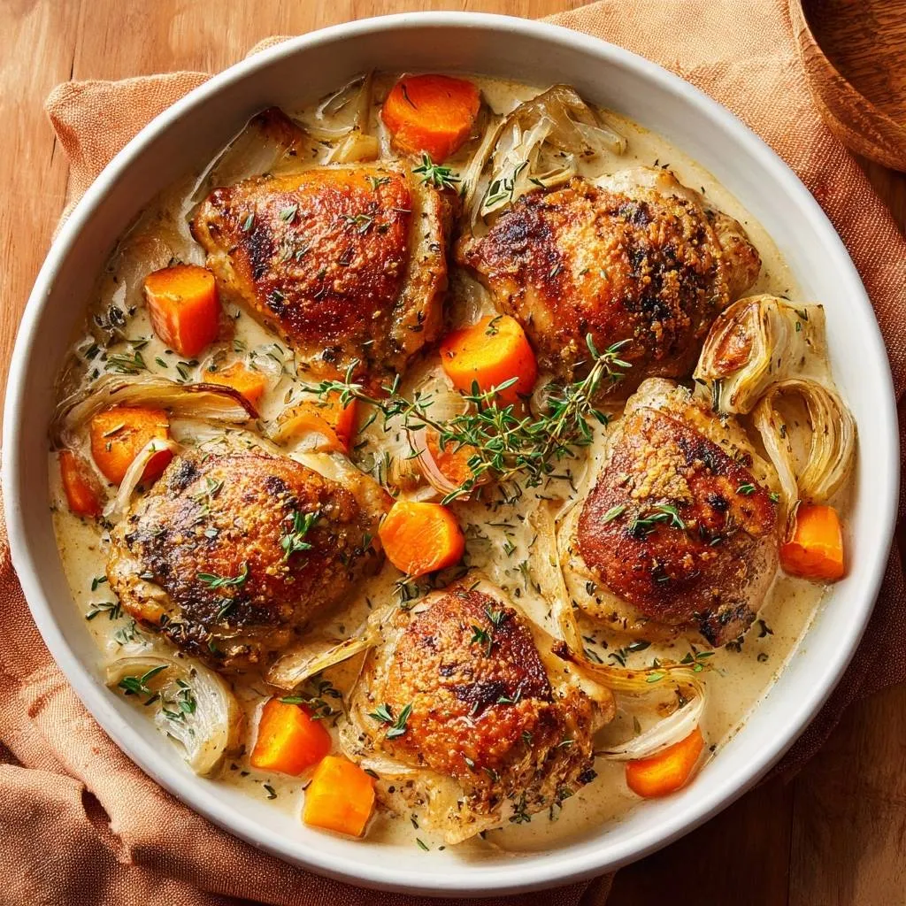 Creamy chicken thighs with fennel and carrots shown in an overhead view within a white bowl.