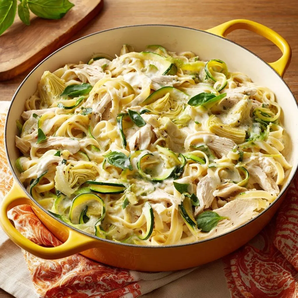 Creamy chicken zucchini artichoke pasta served in a yellow Dutch oven with fresh basil garnish.