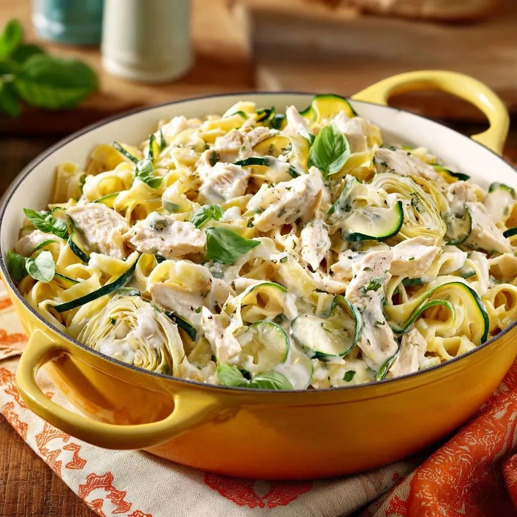 Creamy chicken zucchini artichoke pasta served in a bright yellow pot, garnished with fresh basil.