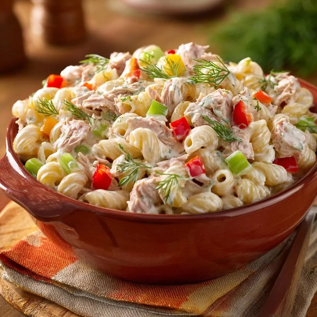 Creamy dill tuna pasta salad in a rustic brown bowl, showcasing a mix of pasta, tuna, and colorful vegetables.