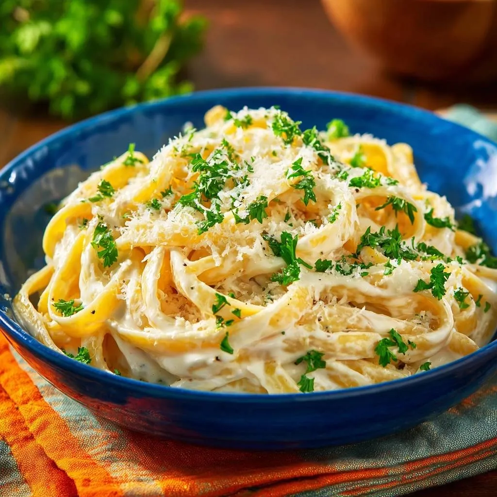 Creamy garlic fettuccine alfredo in a blue bowl, generously garnished with grated parmesan and fresh parsley.