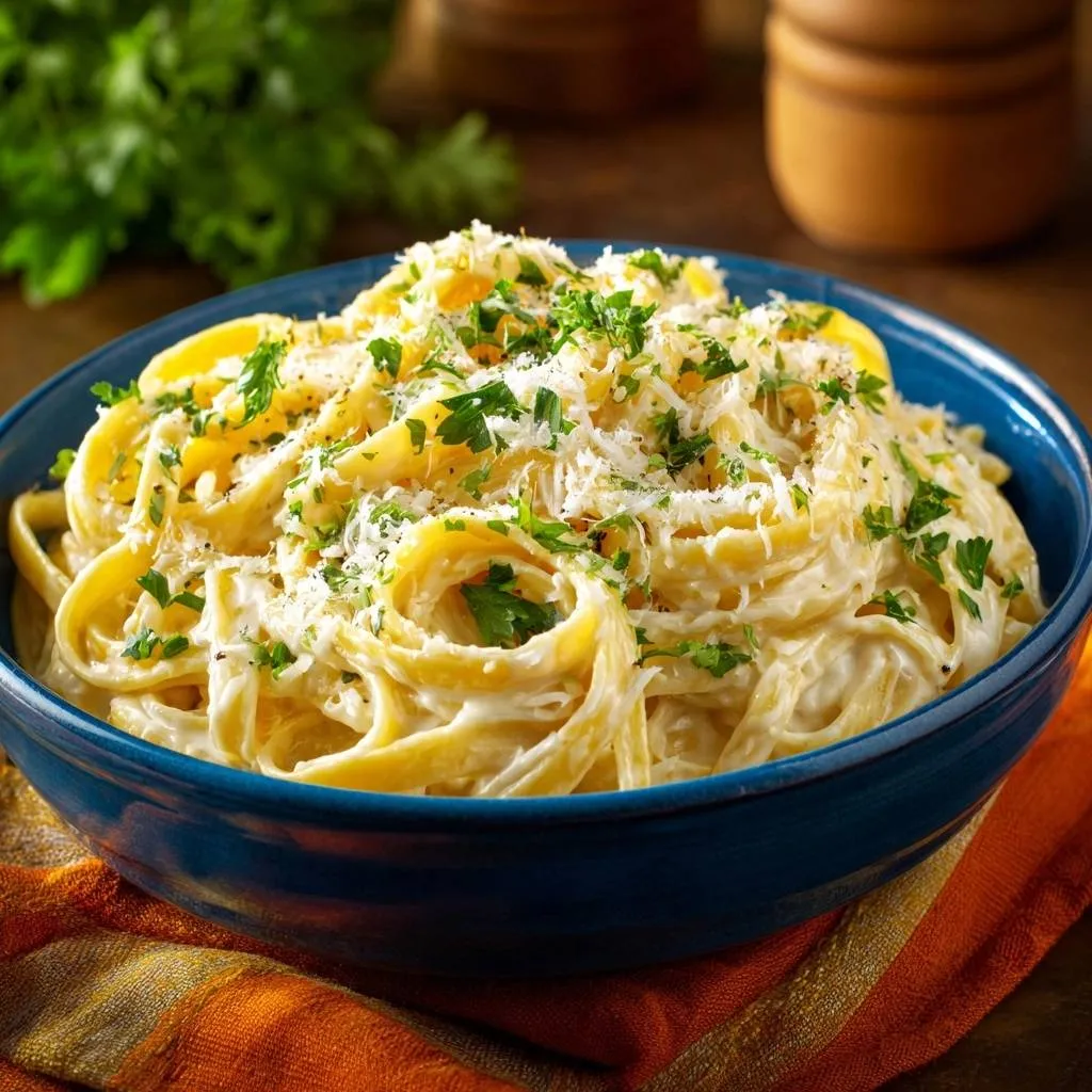 Creamy garlic fettuccine alfredo served in a blue bowl, generously garnished with parsley and grated cheese.