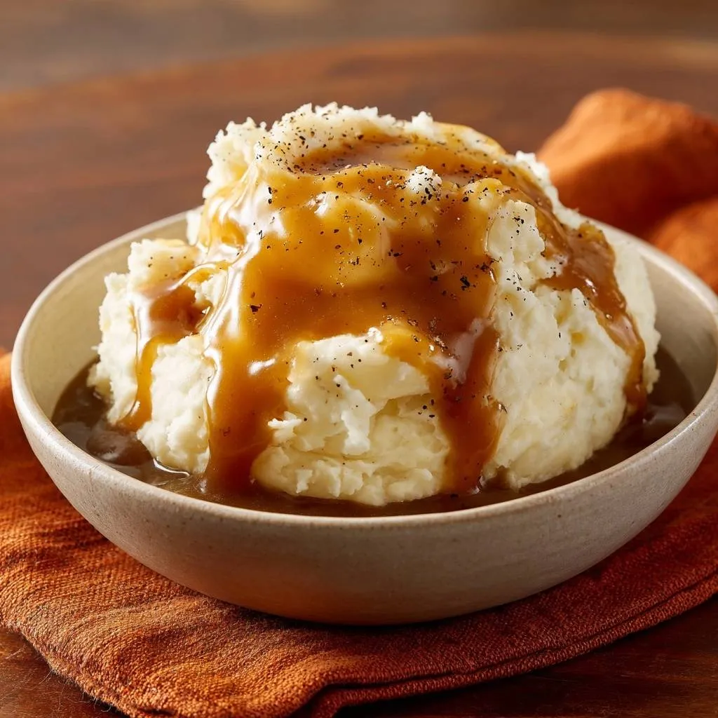 Creamy garlic mashed potatoes and gravy close-up in a rustic bowl, topped with black pepper.