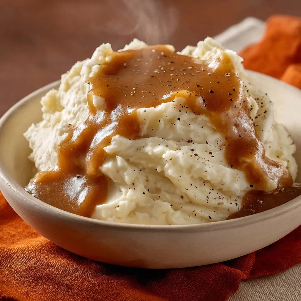Creamy garlic mashed potatoes and gravy, a close-up detail shot showing the rich gravy poured over fluffy potatoes with black pepper.
