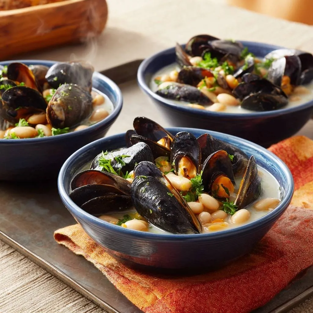 Creamy garlic mussels and white beans served in three blue bowls, garnished with parsley, presented on a tray.
