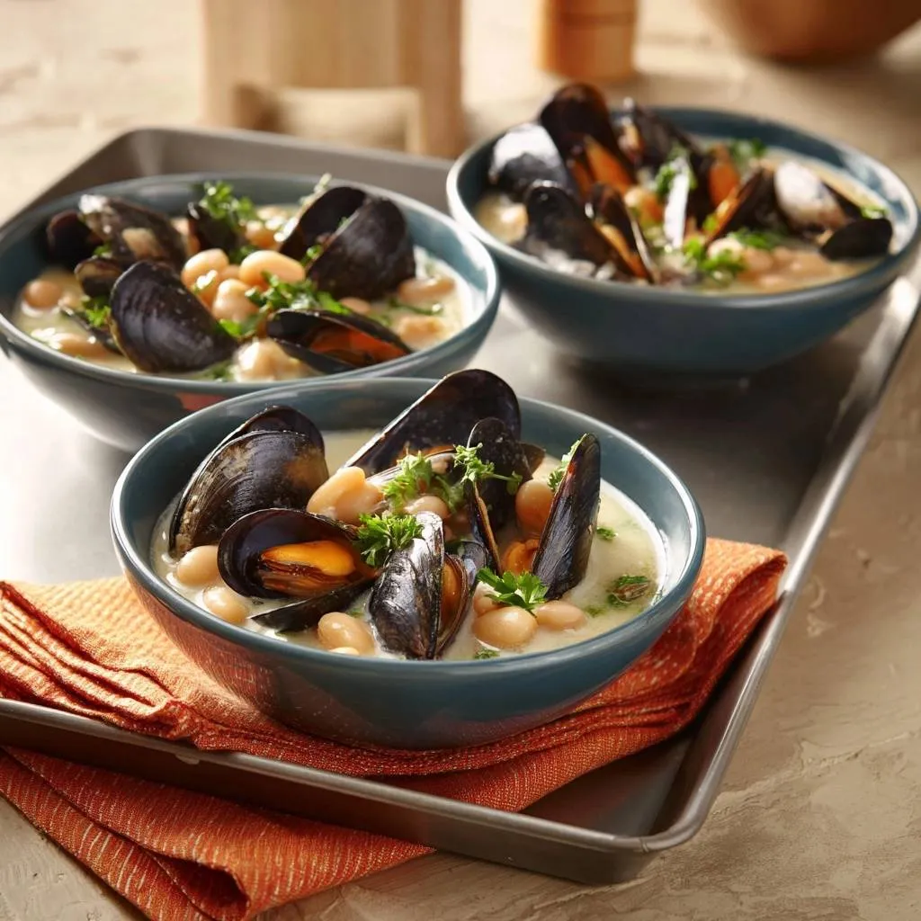 Creamy garlic mussels and white beans served in blue bowls on a metal tray, garnished with parsley.