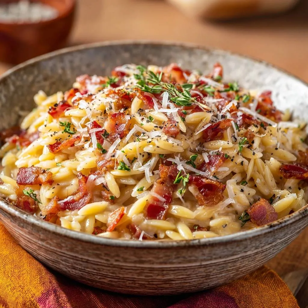 Creamy garlic orzo with crispy bacon, garnished with cheese and herbs in a rustic bowl.