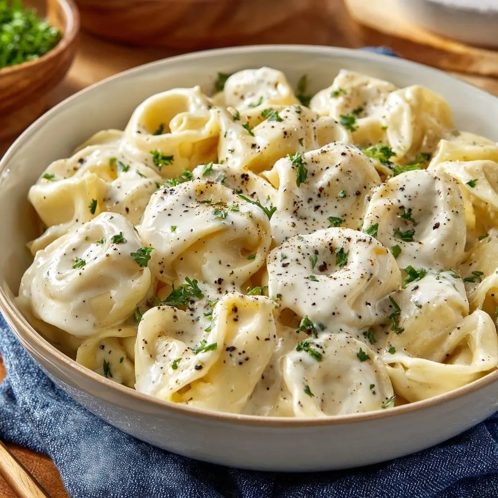 Creamy garlic parmesan tortellini in a white bowl, garnished with parsley and black pepper.