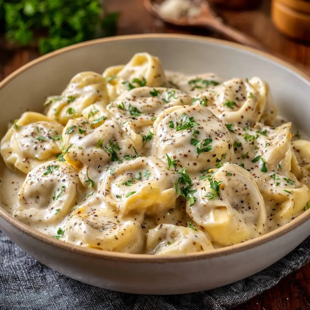 Creamy garlic parmesan tortellini filling a rustic bowl, generously seasoned with black pepper and fresh parsley.
