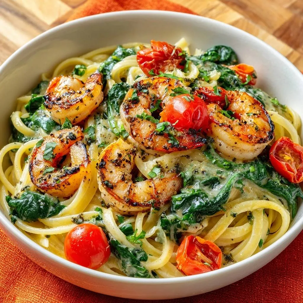 Creamy garlic shrimp pasta with spinach and roasted tomatoes served in a close-up bowl view, showcasing plump shrimp.