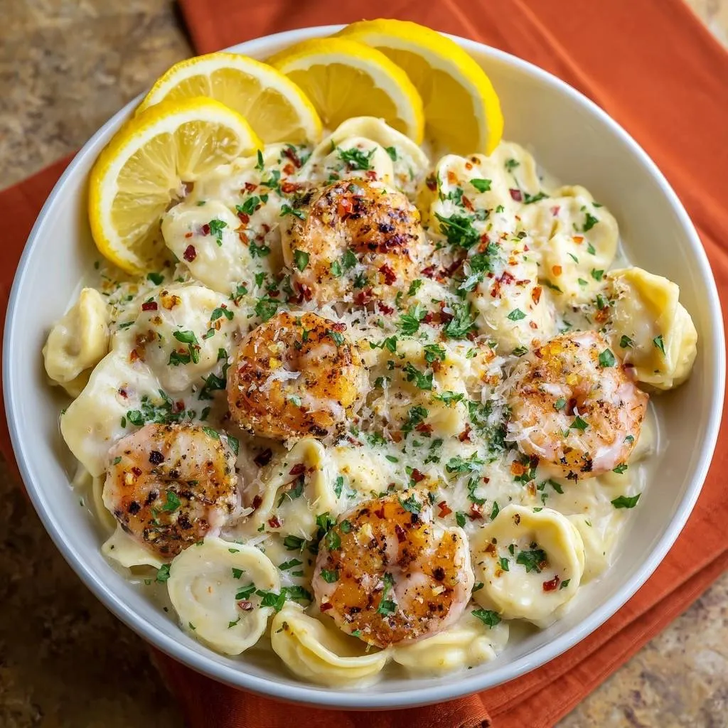 Creamy garlic shrimp tortellini served in a white bowl, garnished with parsley and lemon slices.