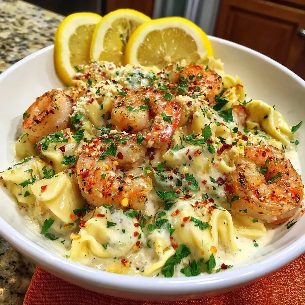 Creamy garlic shrimp tortellini shown in a bowl, generously garnished with parsley and chili flakes, with lemon slices on top.