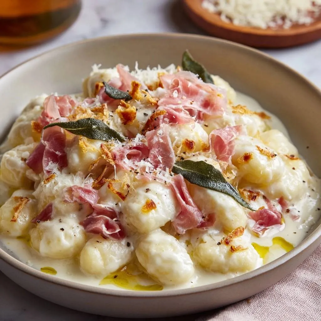 Creamy gnocchi with crispy prosciutto and sage served in a close-up view of a rustic bowl.