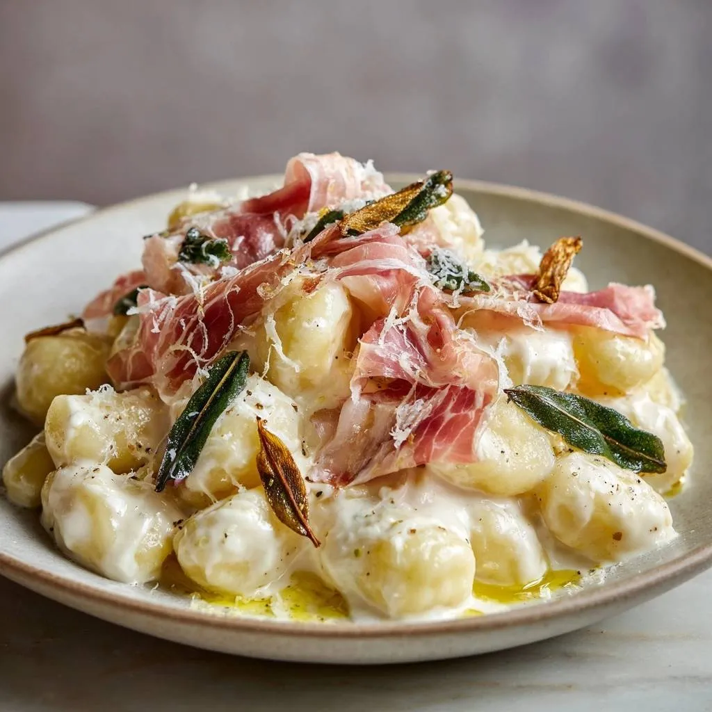 Creamy gnocchi with crispy prosciutto and sage, served on a plate with a close-up view of the textures.