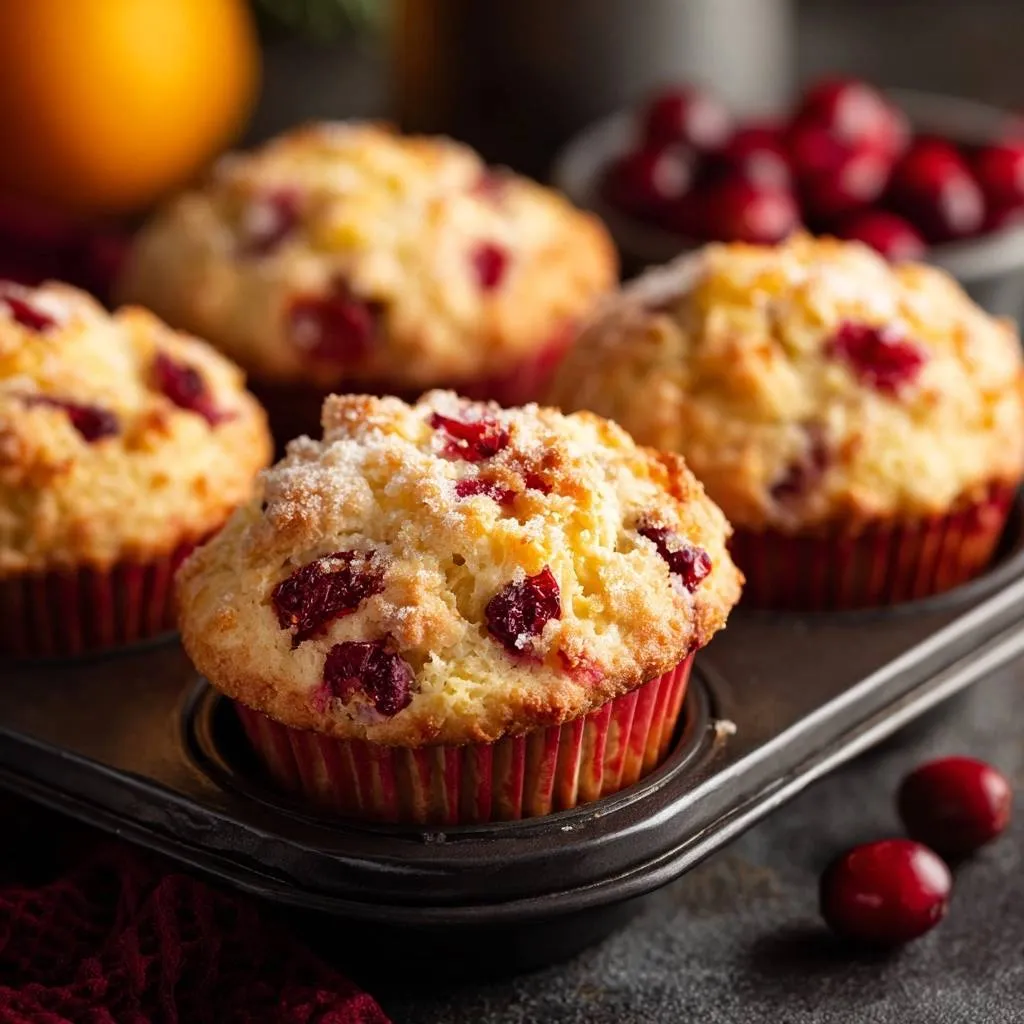 Creamy green bean and egg salad muffins topped with cranberries and a dusting of sugar in a muffin tin.