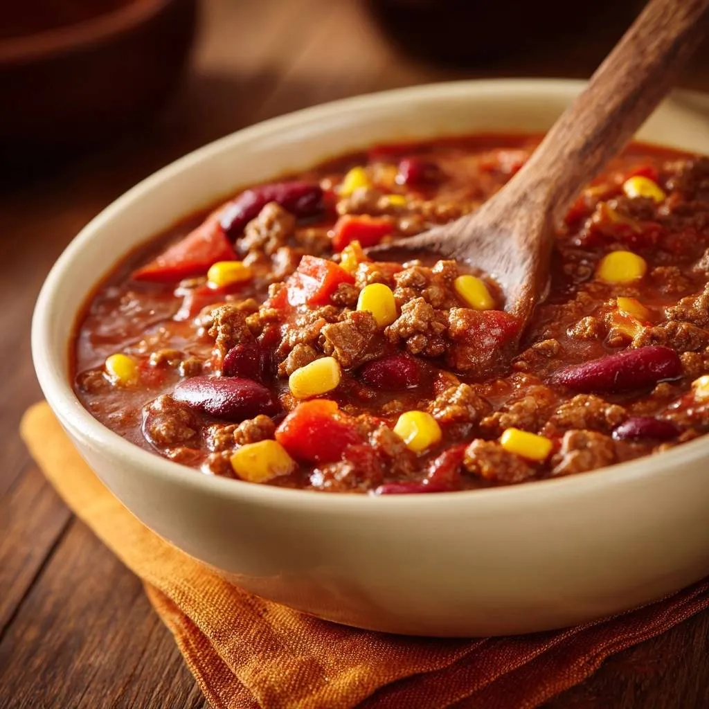 Creamy Harvest Chicken Stew shown in a close-up bowl with a wooden spoon, featuring tender chicken and vegetables.