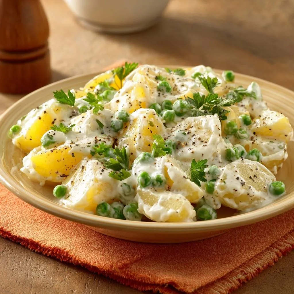 Creamy herb and pea potato salad plated in a bowl, showing a close-up view of the creamy dressing and fresh parsley garnish.
