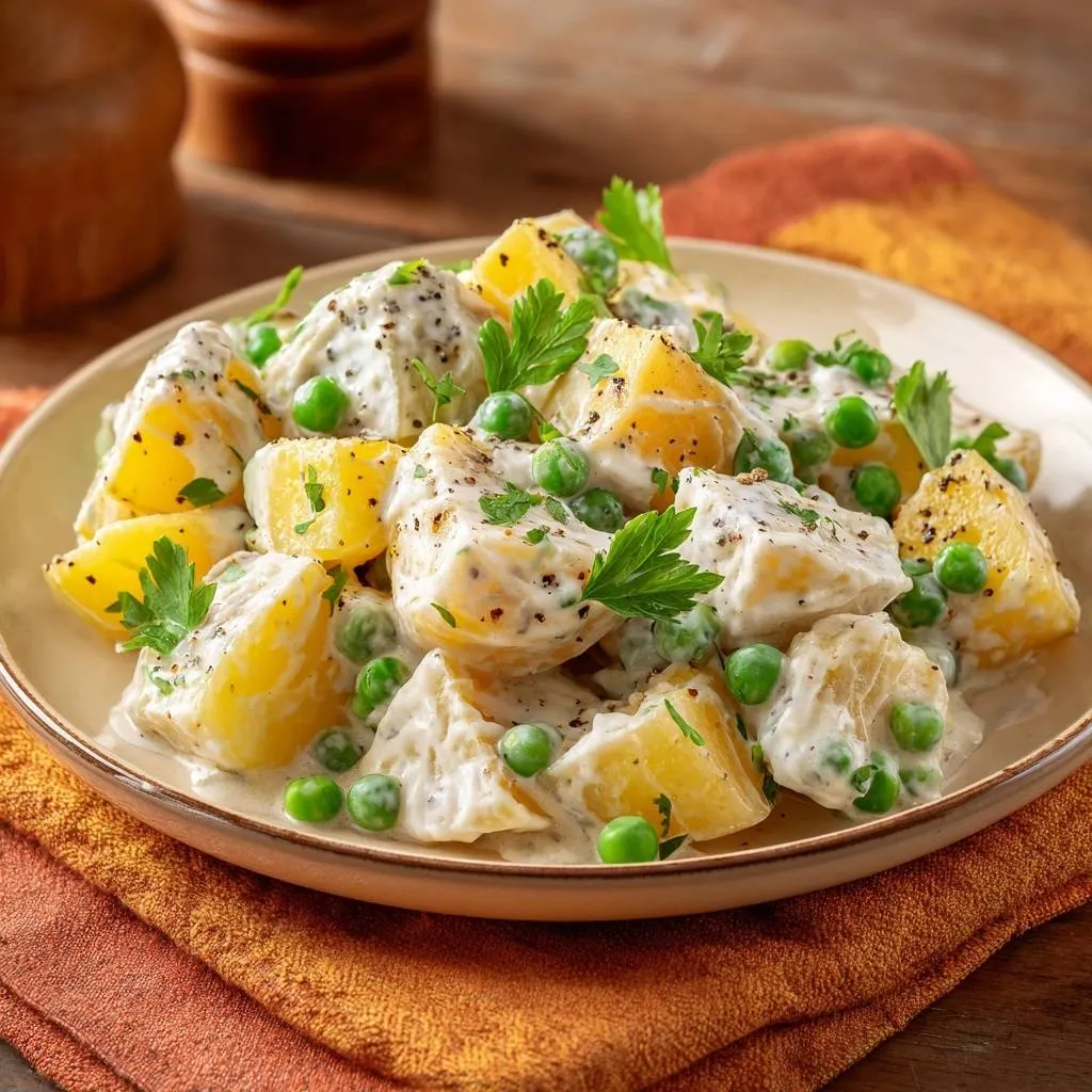 Creamy herb and pea potato salad plated in a close-up view, showcasing its creamy texture and fresh ingredients.