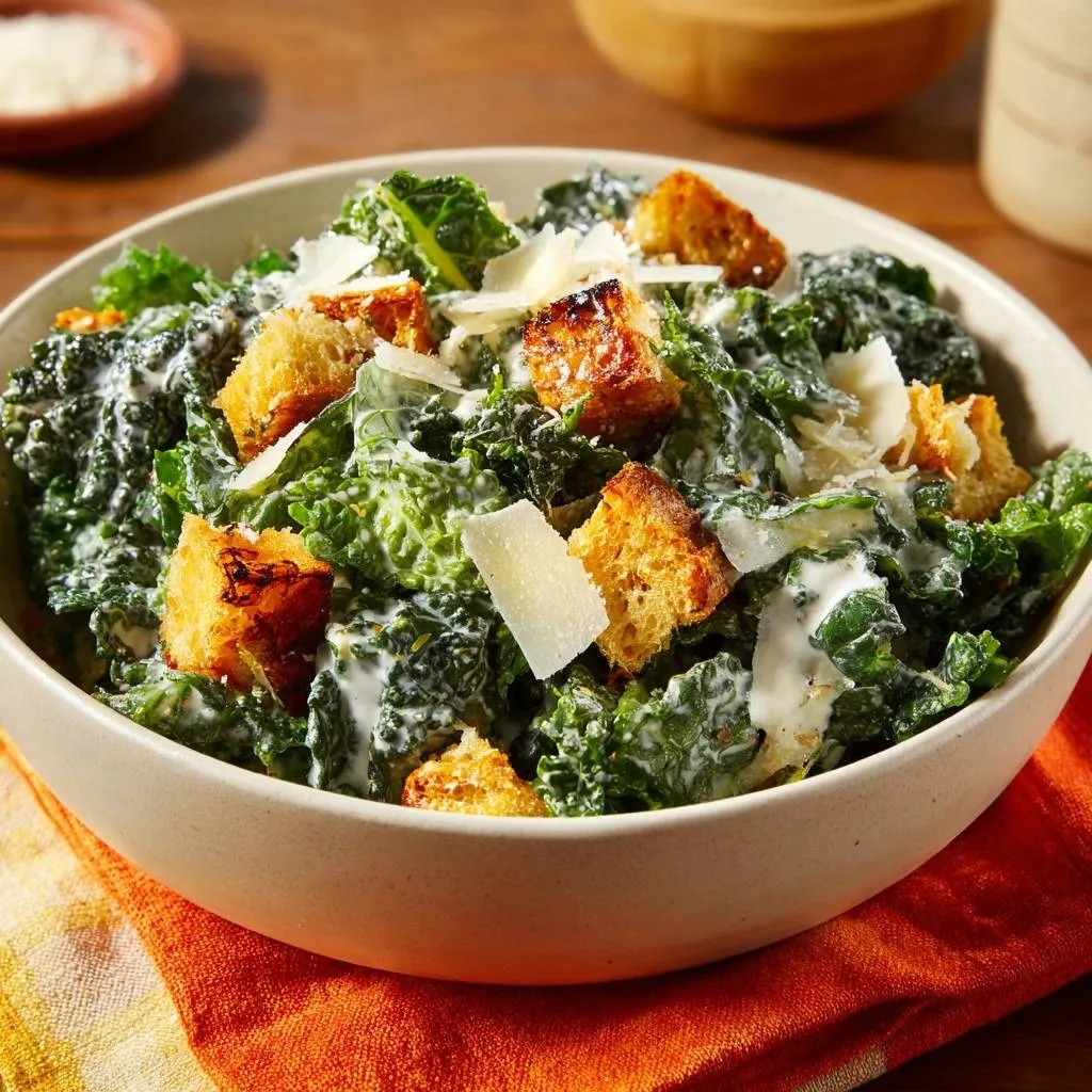 The ultimate creamy kale Caesar salad with sourdough croutons served in a bowl, showcasing croutons and shaved parmesan.