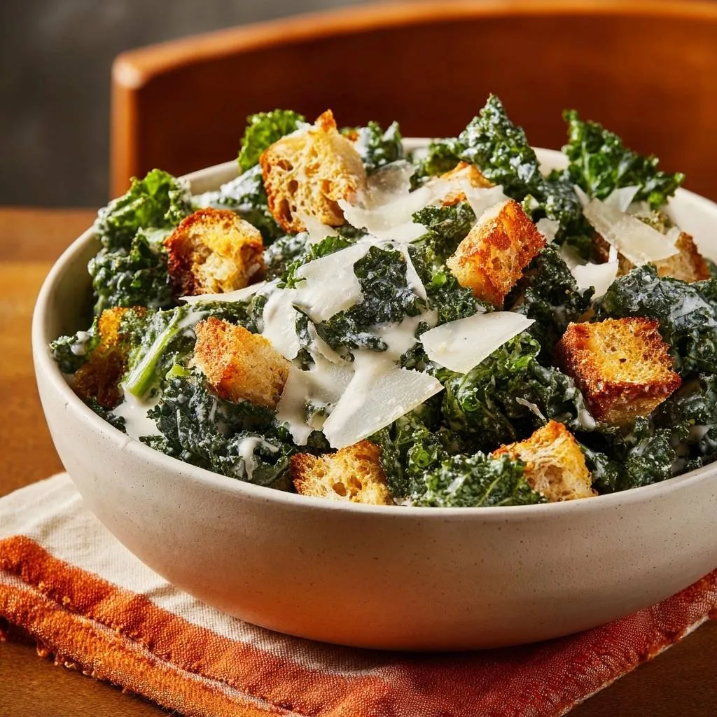 The Ultimate Creamy Kale Caesar Salad with Sourdough Croutons served in a bowl with a close-up on the texture and toppings.