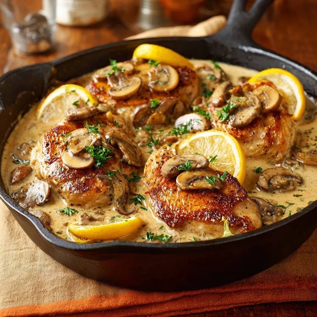 Creamy lemon mushroom chicken served in a cast iron skillet with sliced lemons and fresh parsley garnish.