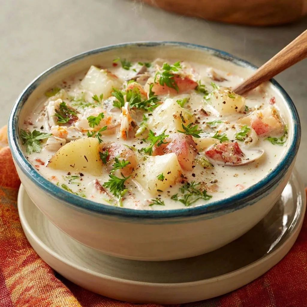 Creamy lobster clam chowder served in a rustic bowl with a wooden spoon, showcasing chunks of potato and seafood.