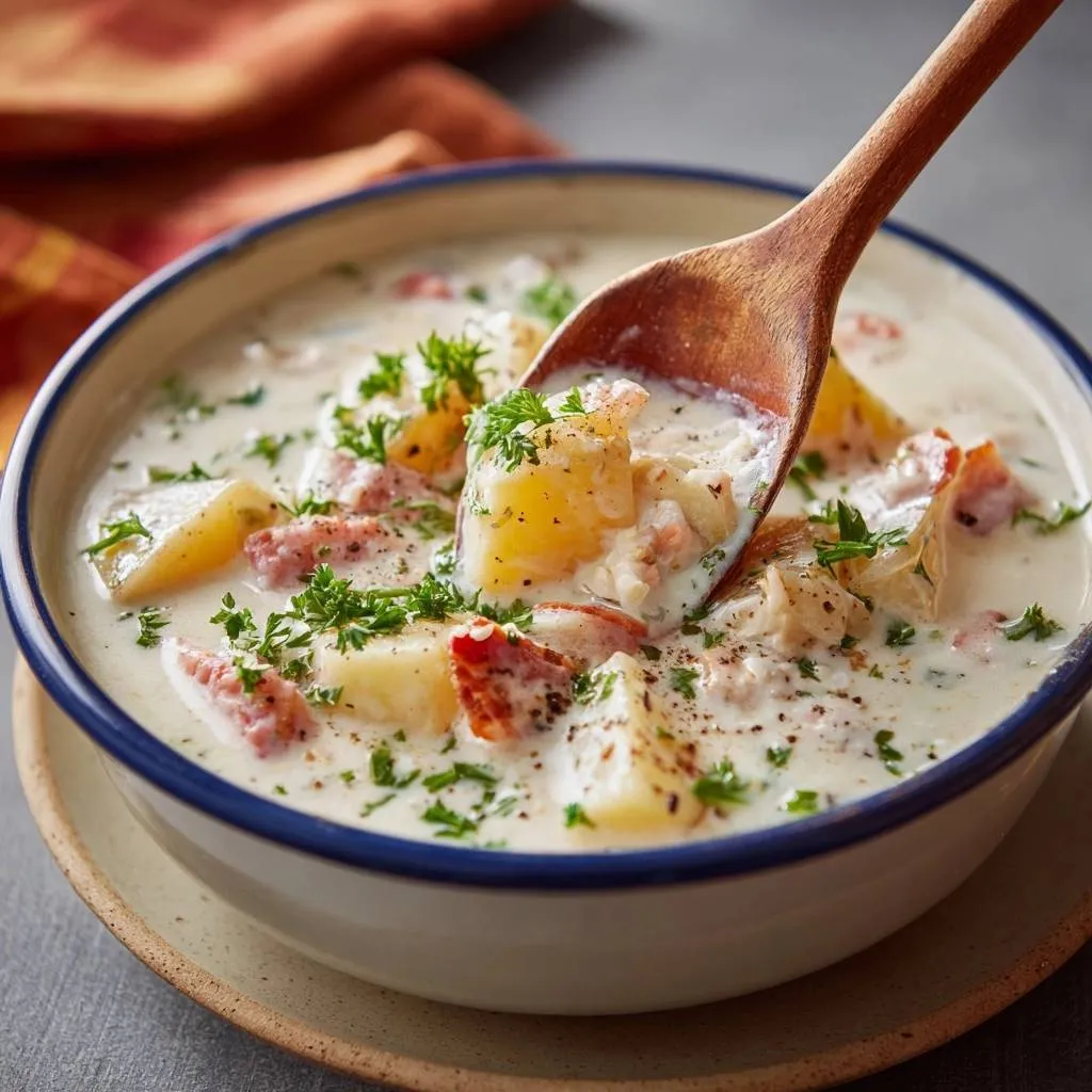 Creamy lobster clam chowder with a wooden spoon scooping a hearty portion filled with potatoes and seafood.