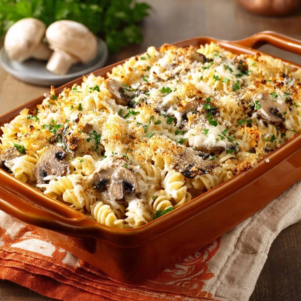 Creamy mushroom fusilli bake shown in a baking dish, with a close-up view of the golden-brown topping.