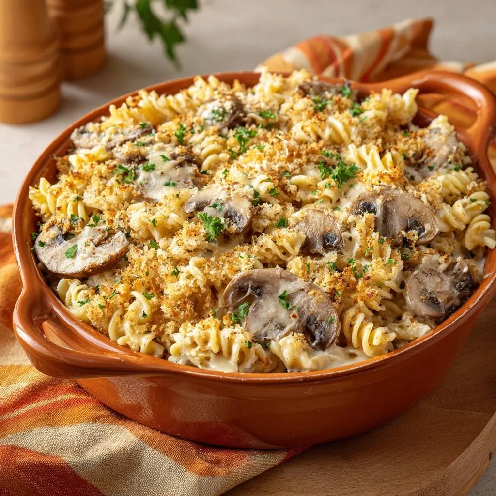 Creamy mushroom fusilli bake shown in a casserole dish with a golden-brown breadcrumb topping and fresh parsley garnish.