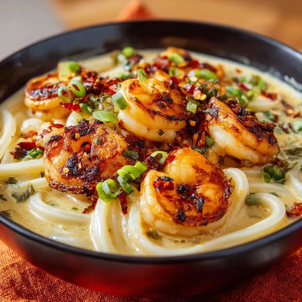 Creamy mushroom and potato chicken skillet featuring a close-up view of seasoned shrimp and green onions as a topping.