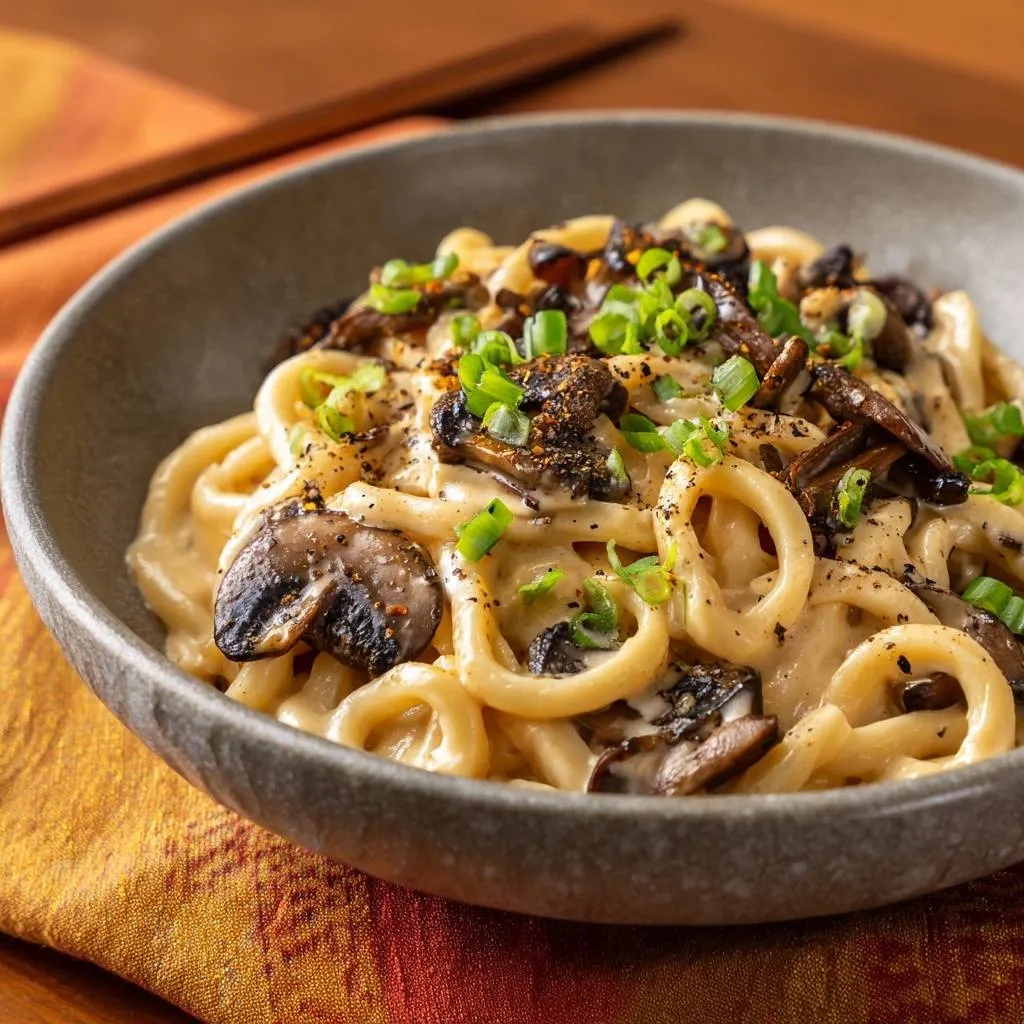 Creamy mushroom udon with clinging sauce, featuring thick noodles and sliced mushrooms in a rich sauce, garnished with scallions.