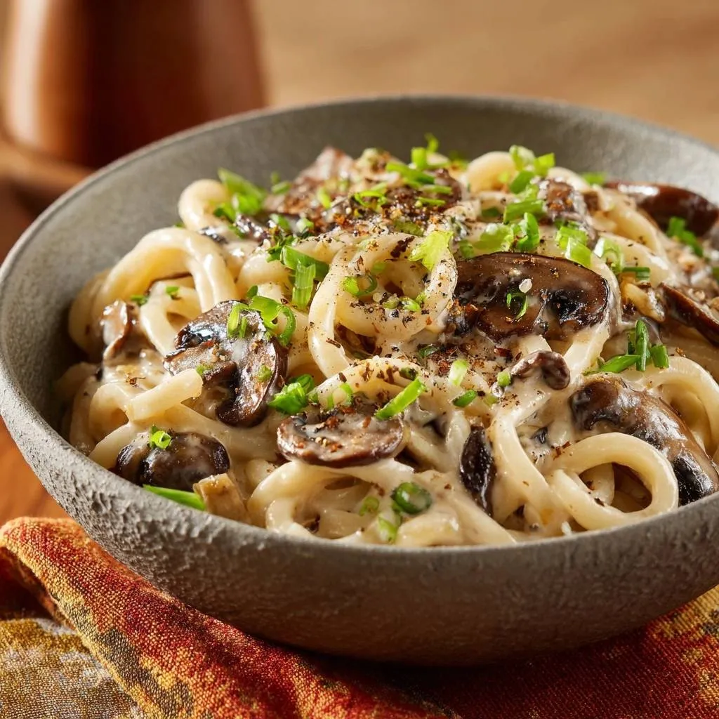Creamy mushroom udon with clingy sauce served in a rustic bowl, showing a close-up view of the thick noodles and creamy sauce.