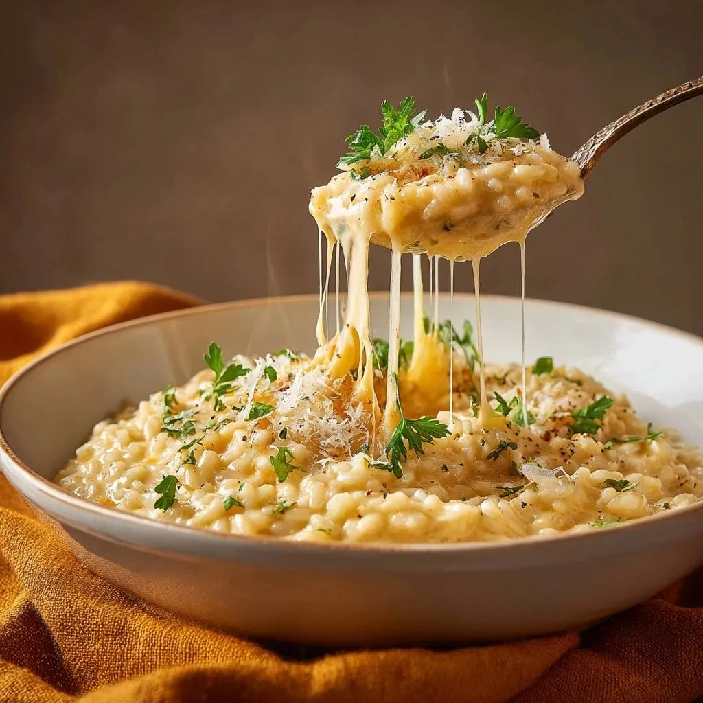 Creamy parmesan risotto with a gooey cheese pull captured on a spoon, garnished with parsley and grated cheese.