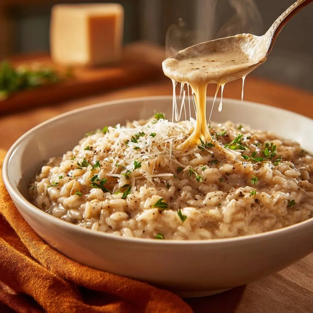 Creamy Parmesan Risotto with a spoon pouring a thick, cheesy sauce over the top.