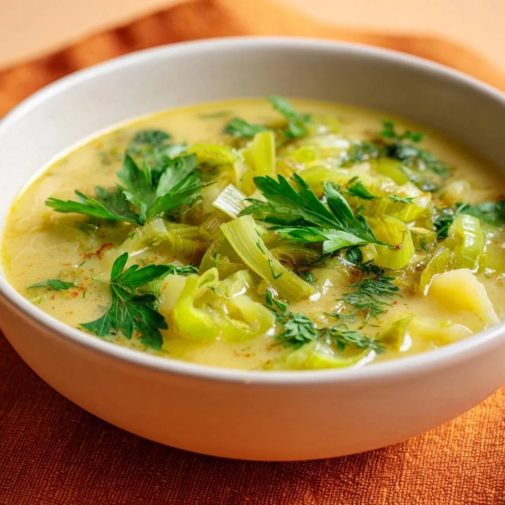 Creamy potato leek soup with a close-up view of fresh parsley and dill garnish.